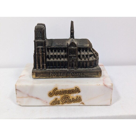 NOTRE DAME Souvenir De Paris FRANCE 3"X2" Paperweight Metal With Marble Base - Picture 1 of 5